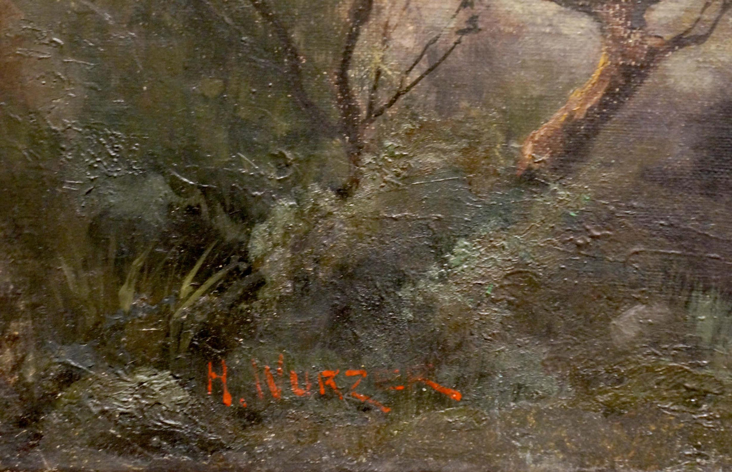 Textured oil painting of forest scene with animals at the pond