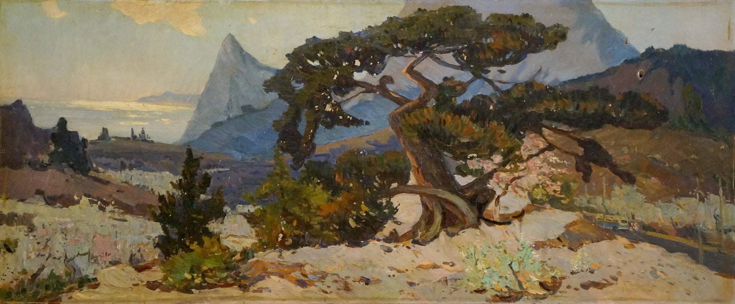 Oil painting of rugged gnarled pine in rocky landscape by Yarovoy Stepan Kalinovich