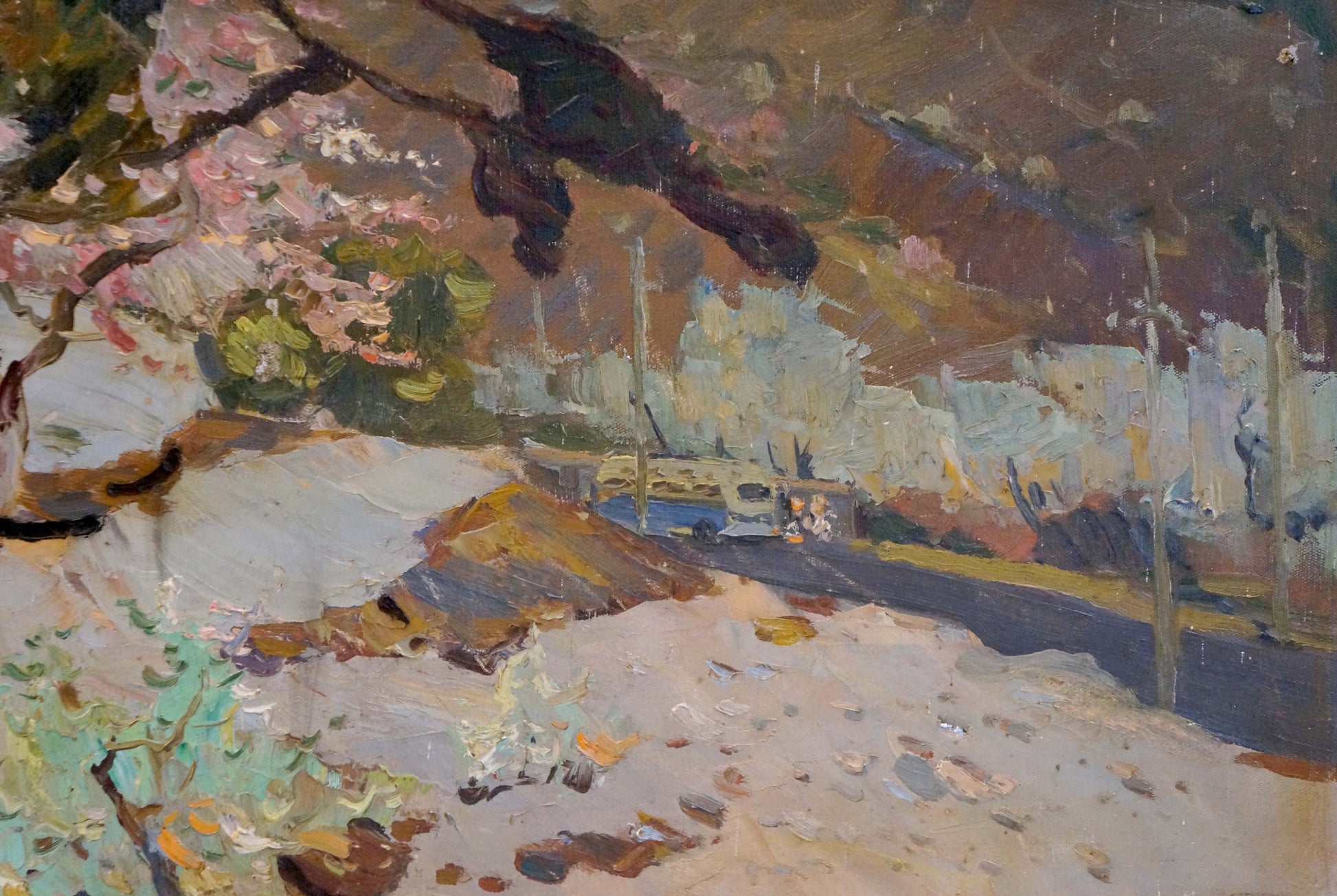 Textured impressionist snowy landscape with pink blossoms by Yarovoy Stepan Kalinovich