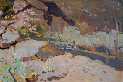 Textured impressionist snowy landscape with pink blossoms by Yarovoy Stepan Kalinovich