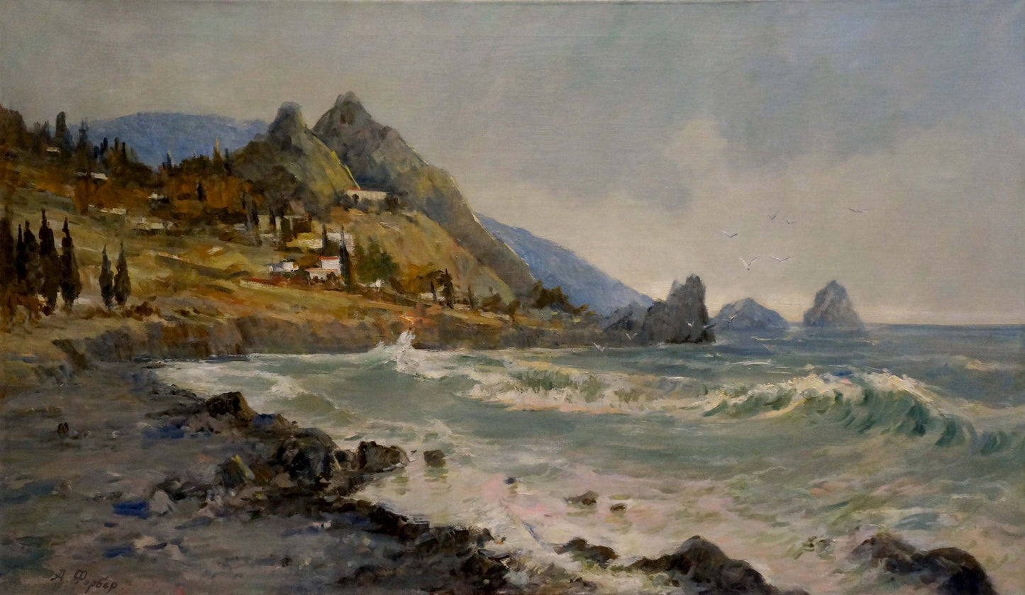 Oil painting Before the Storm: rugged cliffs, crashing waves, rocky islets
