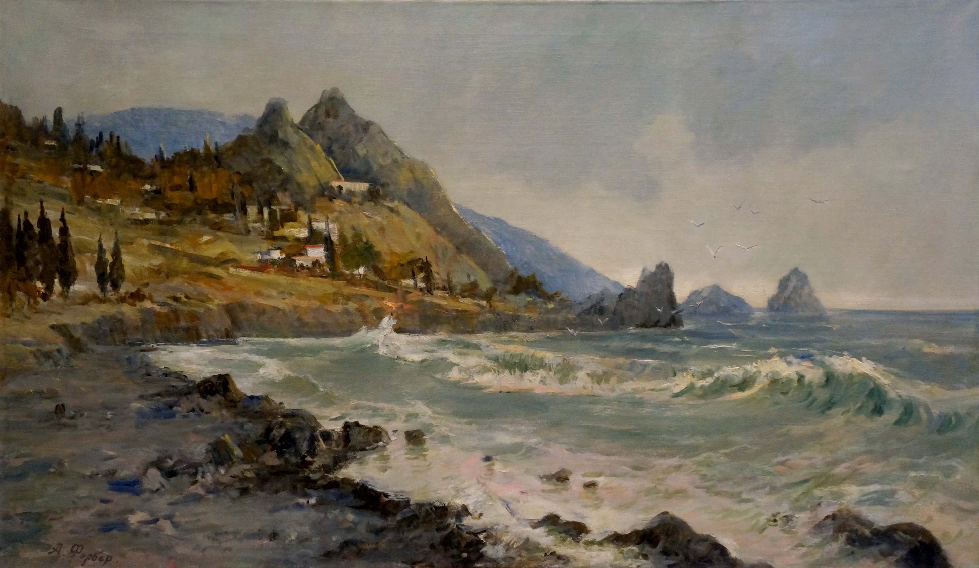Oil painting Before the Storm: rugged cliffs, crashing waves, rocky islets