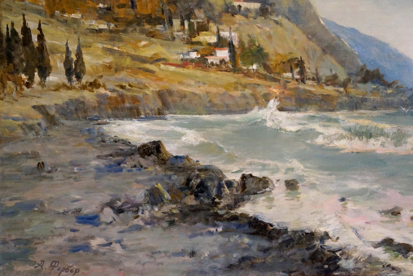 Oil painting Before the Storm: crashing waves on rugged rocks under overcast sky