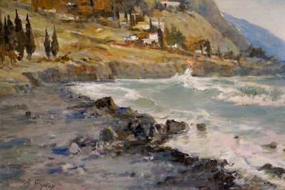 Oil painting Before the Storm: crashing waves on rugged rocks under overcast sky