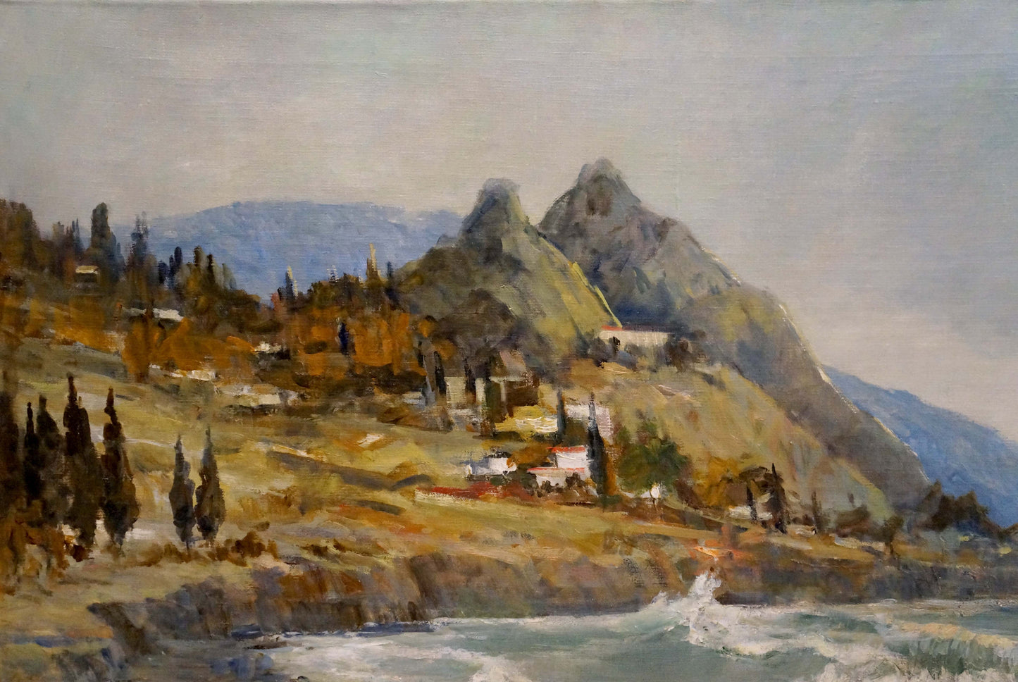 Oil painting Before the Storm: coastal village among rugged mountains