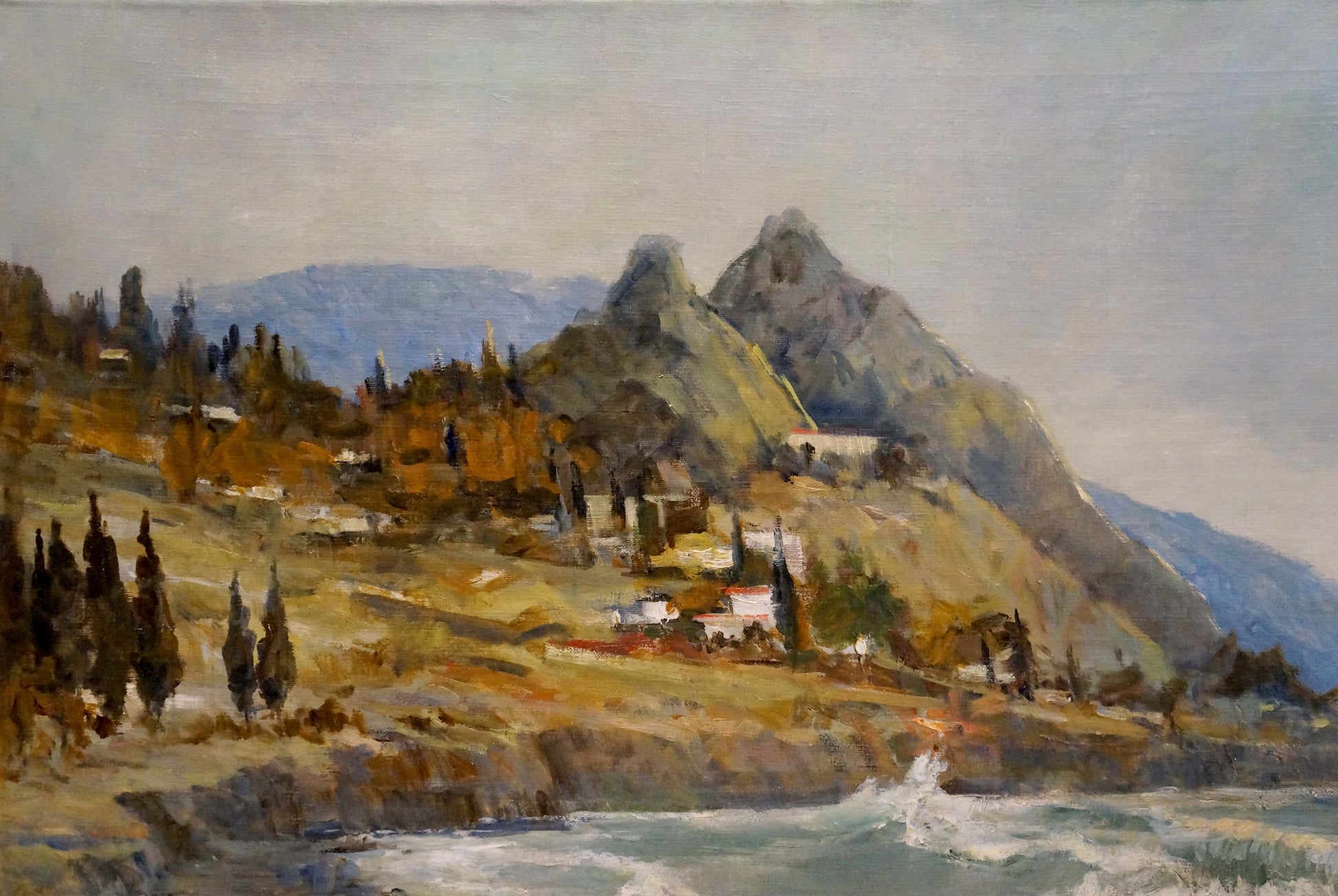 Oil painting Before the Storm: coastal village among rugged mountains