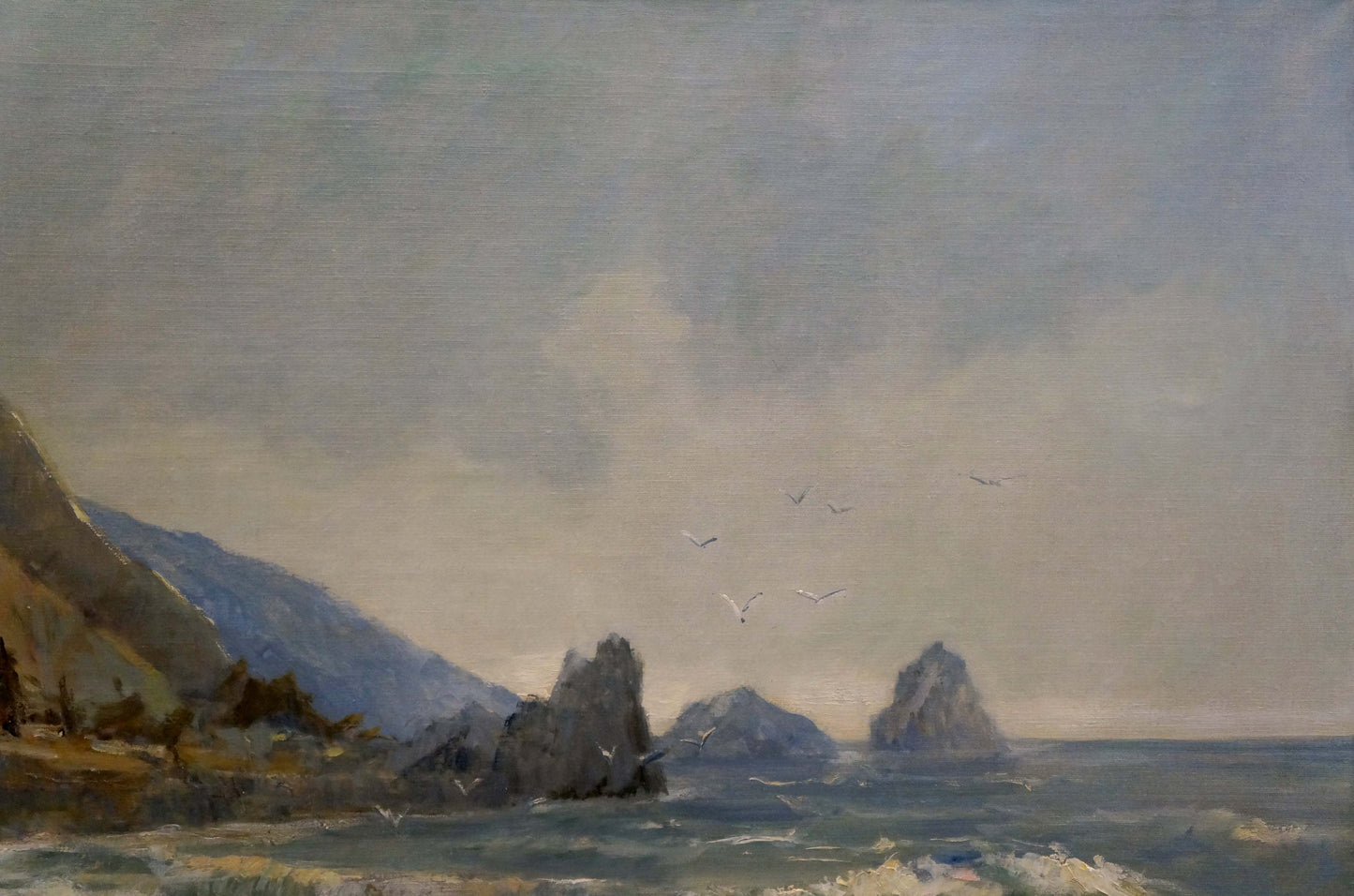 Oil painting Before the Storm: rugged cliffs, rocky sea outcrops, soaring seagulls