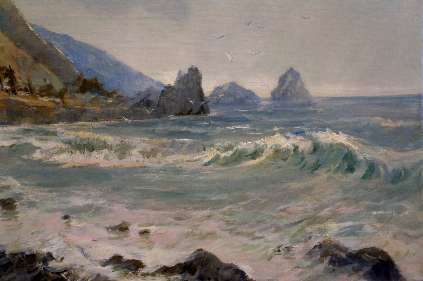 Oil painting Before the Storm: crashing waves on rugged cliffs under overcast sky