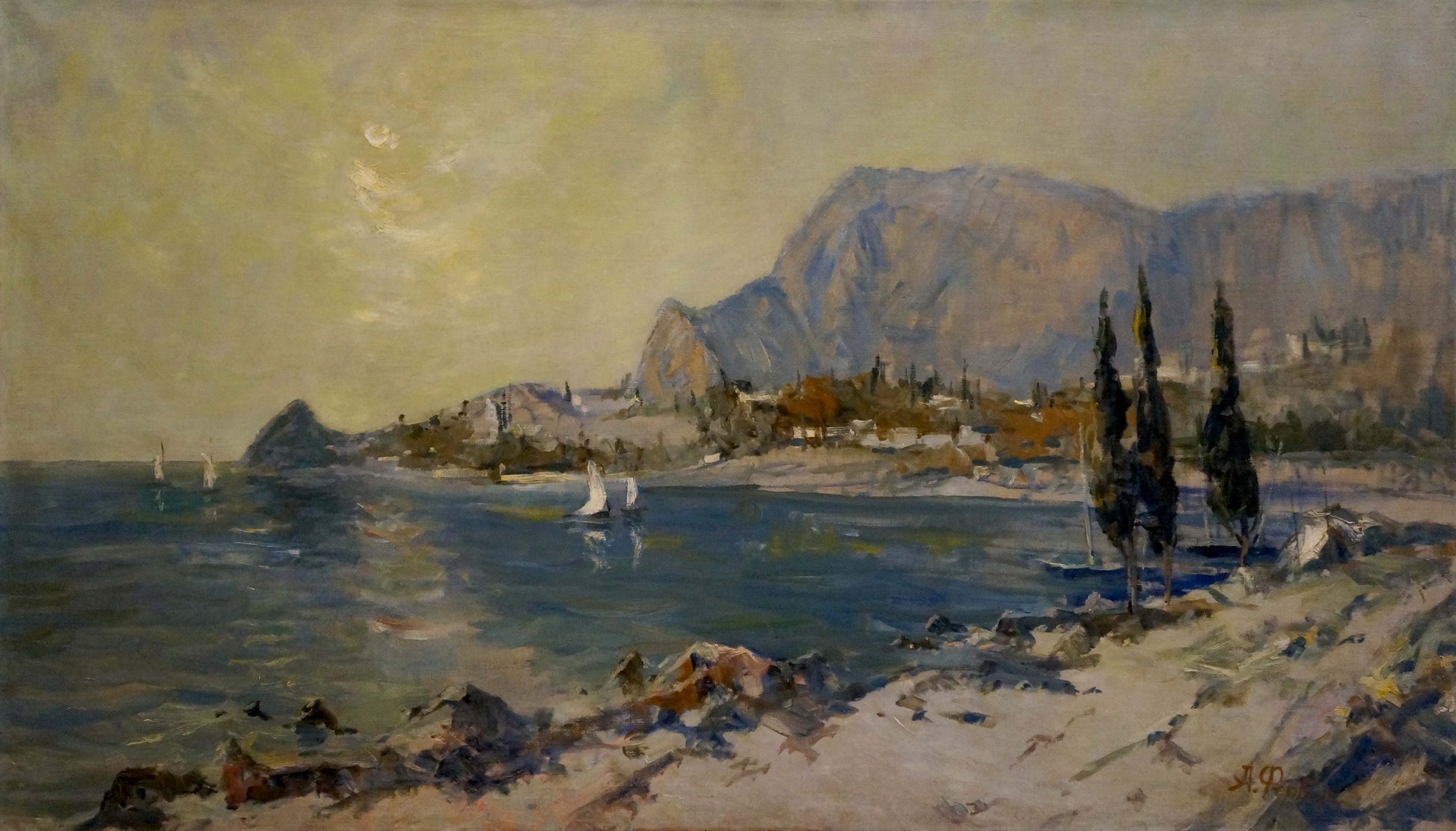 Serene coastal tourist town oil painting by Alexander Ferber