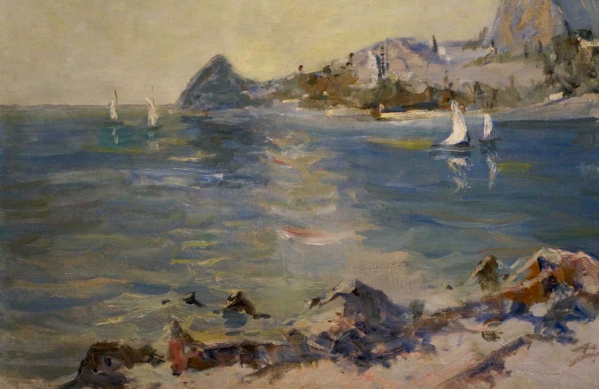 Serene impressionistic oil painting of coastal sailboats by Alexander Ferber