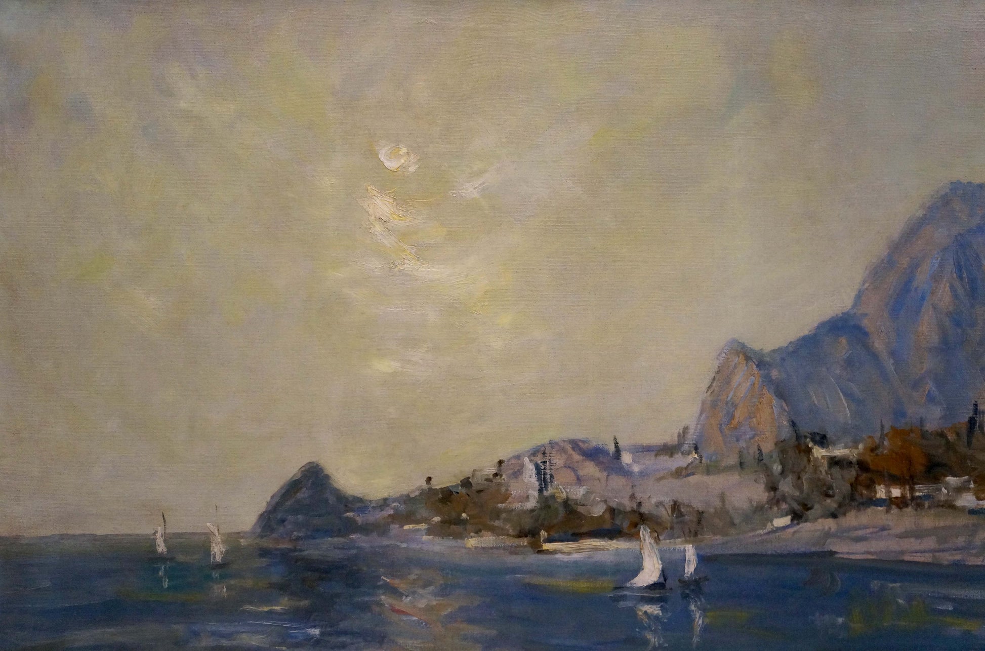 Oil painting of tourist town coastal scene with sailboats by Alexander Ferber