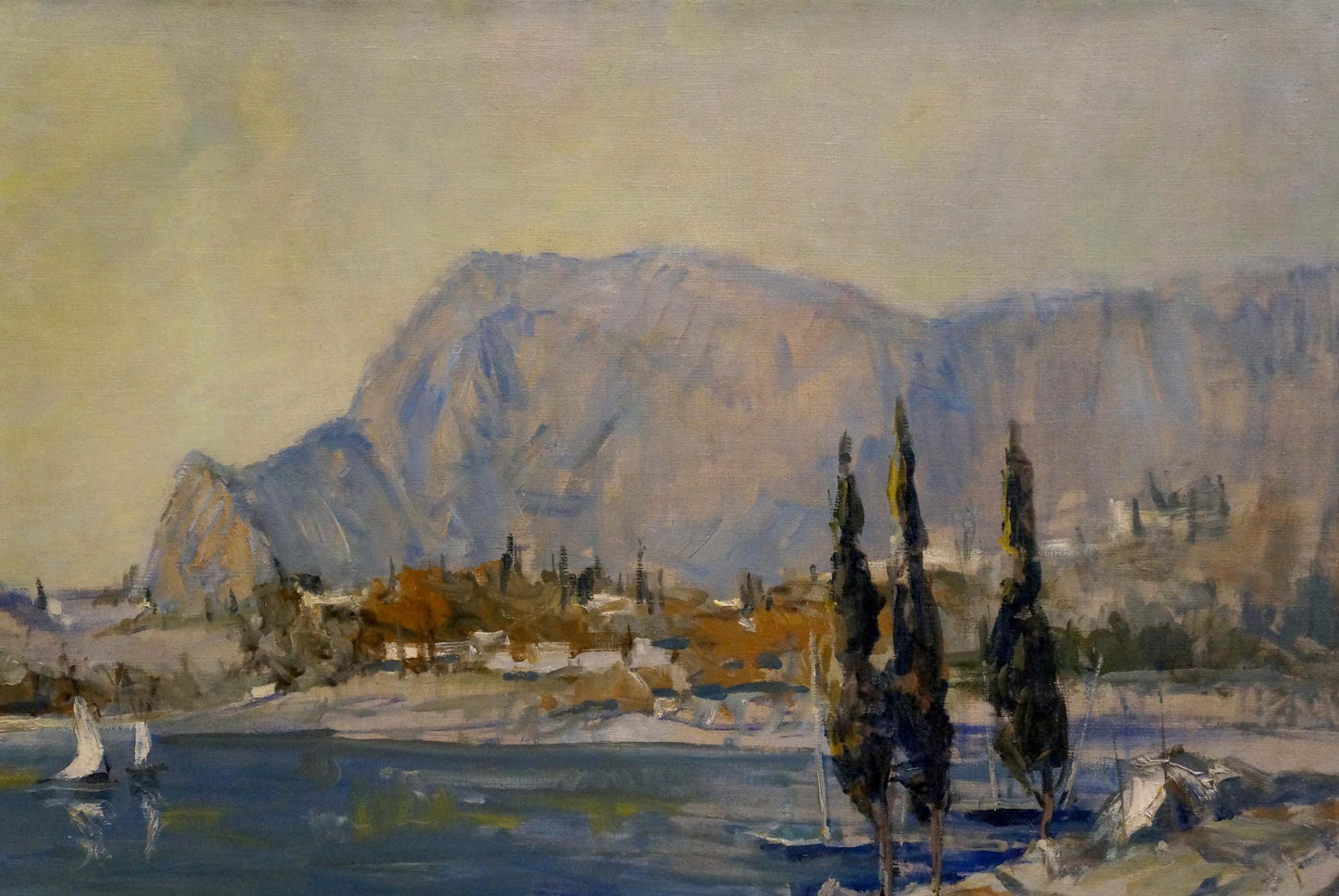 Serene impressionistic oil painting by Alexander Ferber: lake, sailboats, cypress, mountains
