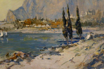 A serene impressionist painting featuring a tranquil coastal scene with tall, dark cypress trees standing on rocky shores beside calm blue waters and distant mountains under soft, warm light.