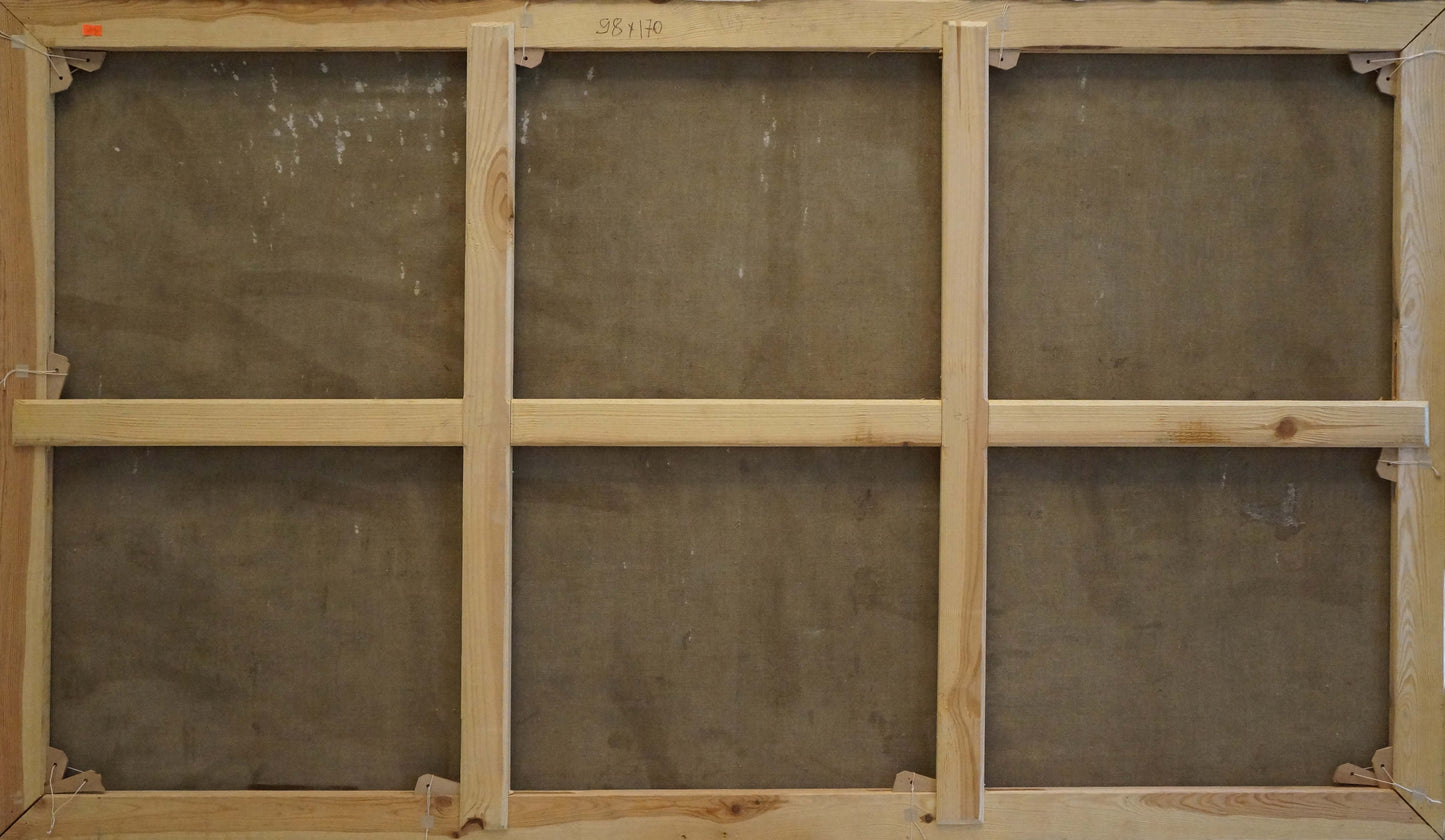 Back of light wood canvas frame with grid supports for Alexander Ferber oil painting Tourist town