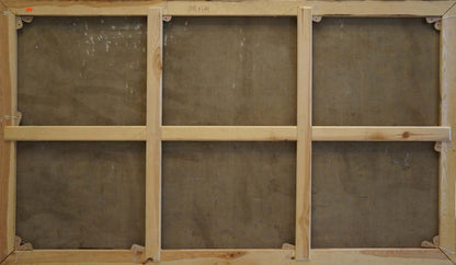 Back of light wood canvas frame with grid supports for Alexander Ferber oil painting Tourist town