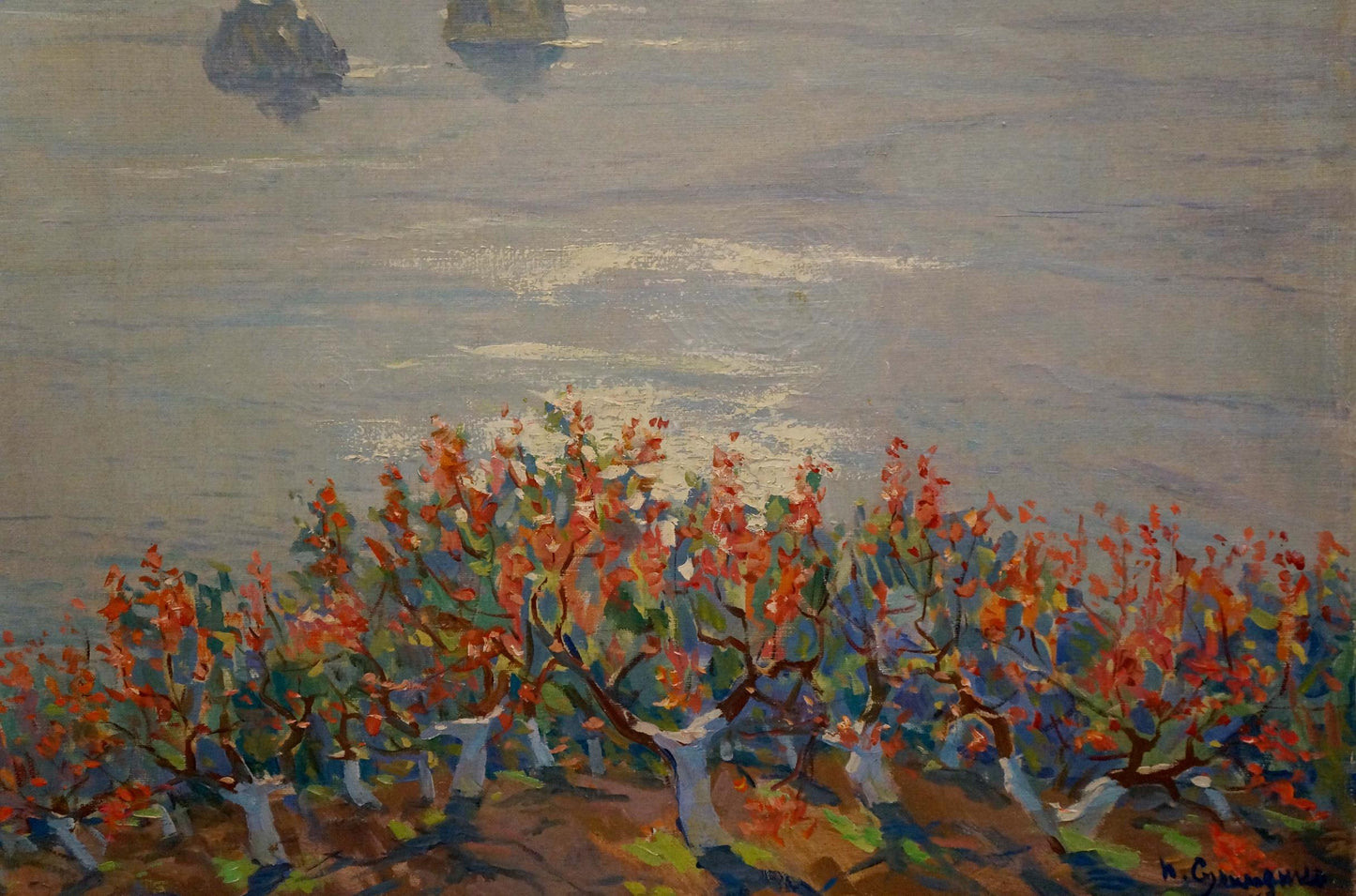 Vibrant impressionist oil painting by Sulimenko Petr Stepanovich of flowering trees over water