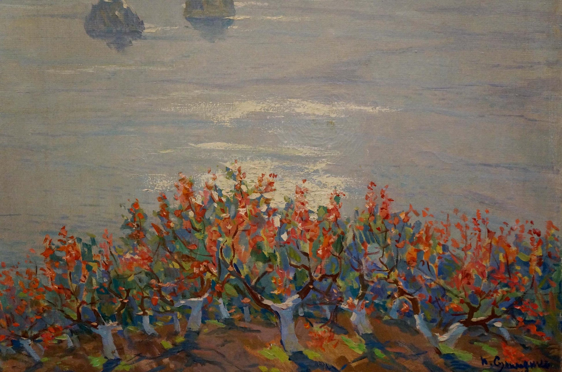 Vibrant impressionist oil painting by Sulimenko Petr Stepanovich of flowering trees over water