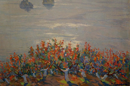 Vibrant impressionist oil painting by Sulimenko Petr Stepanovich of flowering trees over water