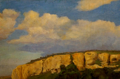 Oil painting by Nagaevskaya Elena Varnavovna: golden-yellow cliffside under blue sky