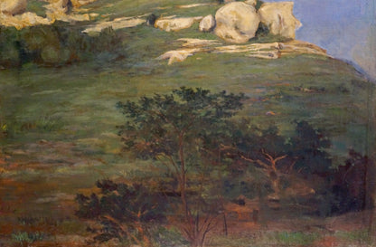 Serene oil painting by Nagaevskaya Elena Varnavovna: grassy hill with trees and rocks