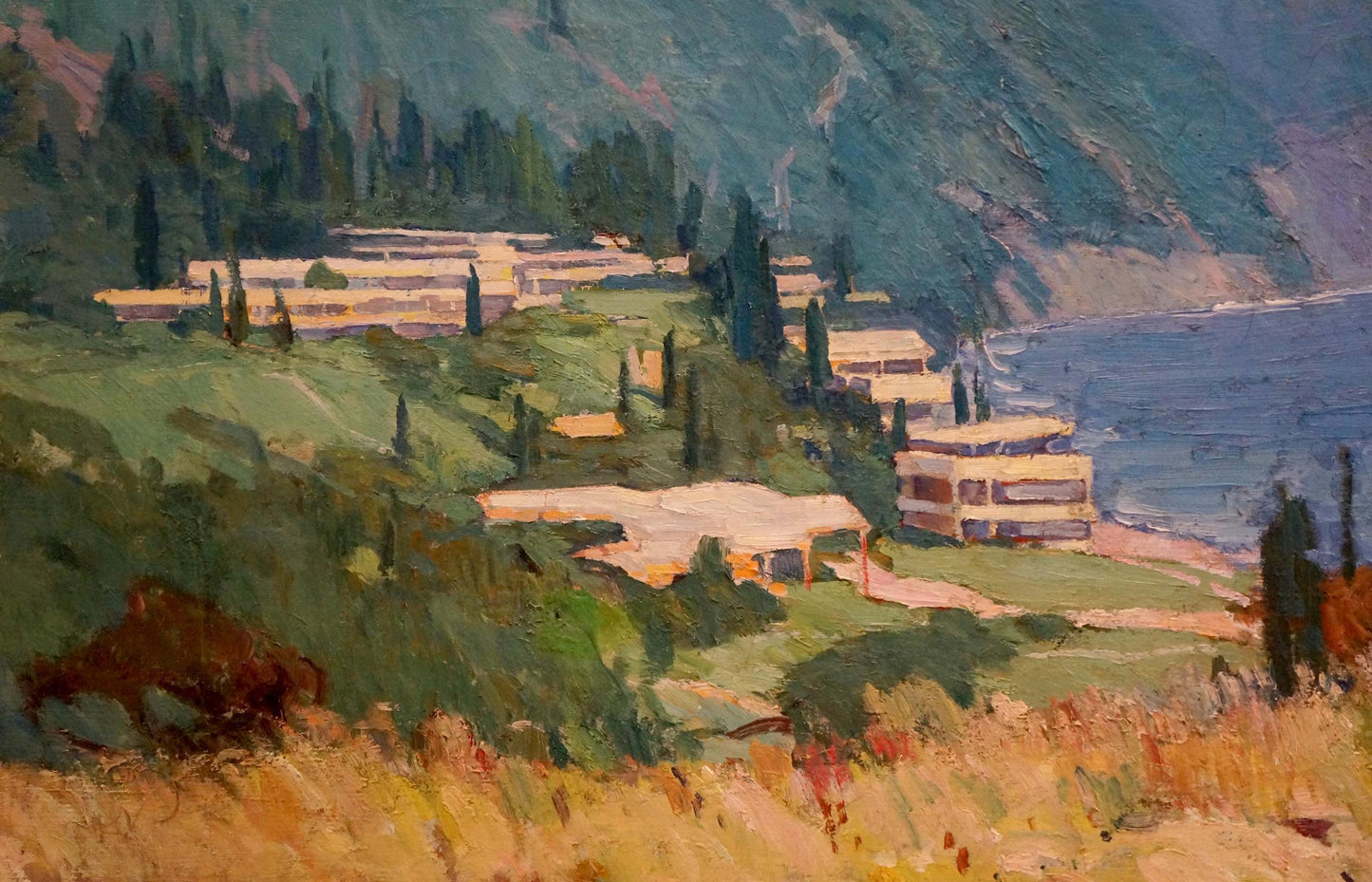 Serene oil painting of modernist city near coast, hills, cypresses, lake