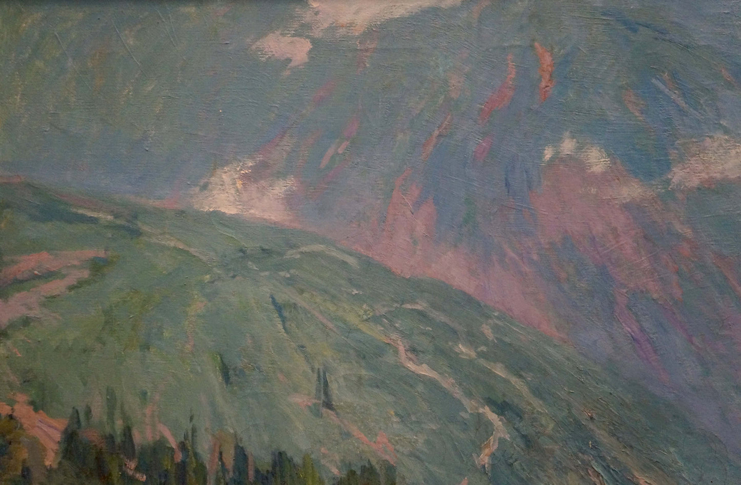 Textured oil painting of coastal city near mountain range with green slopes and purple peaks