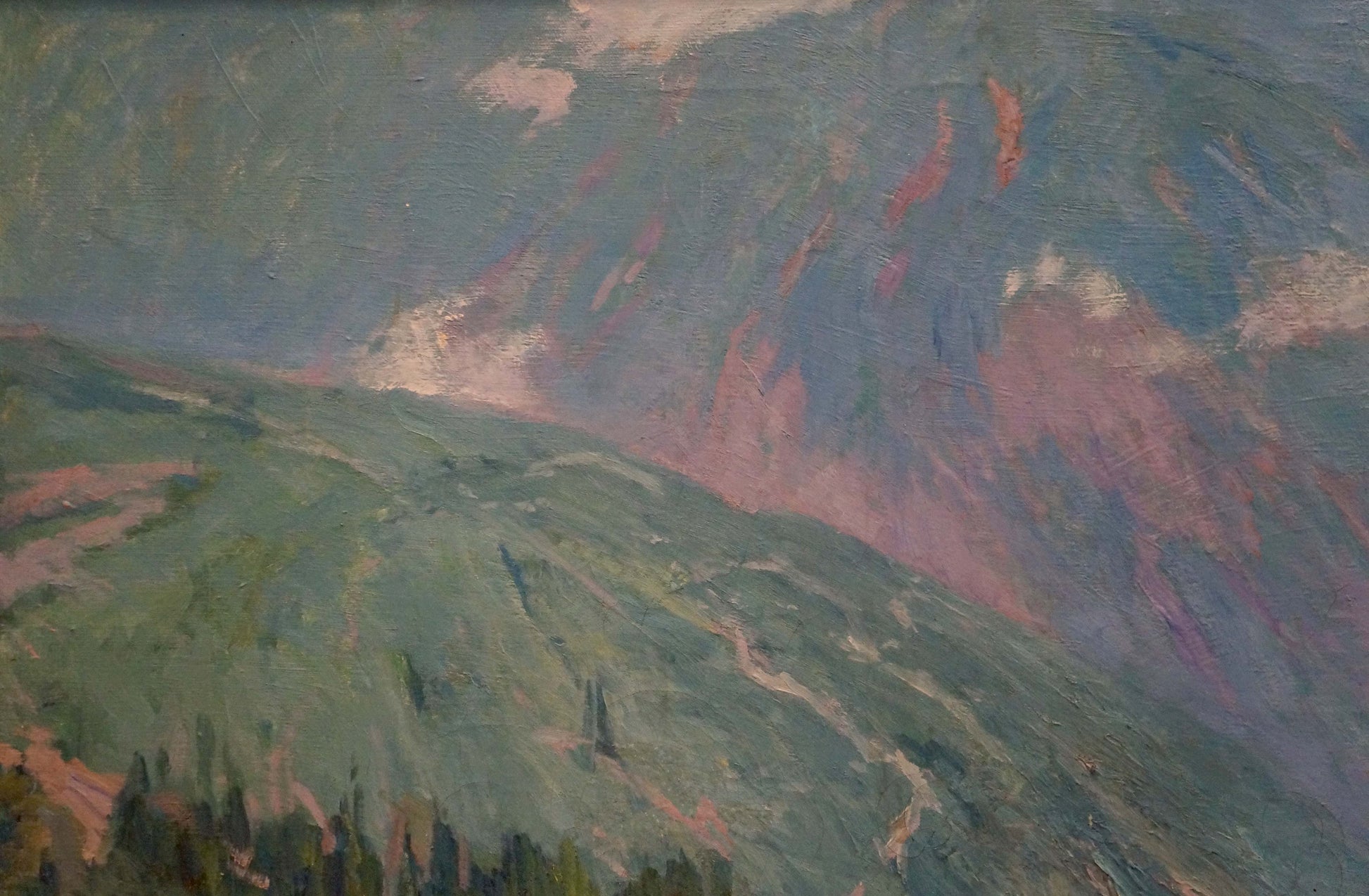 Textured oil painting of coastal city near mountain range with green slopes and purple peaks