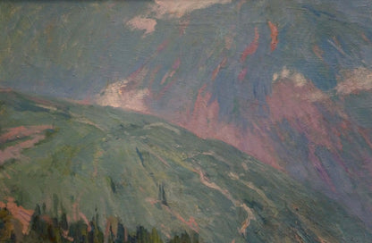 Textured oil painting of coastal city near mountain range with green slopes and purple peaks