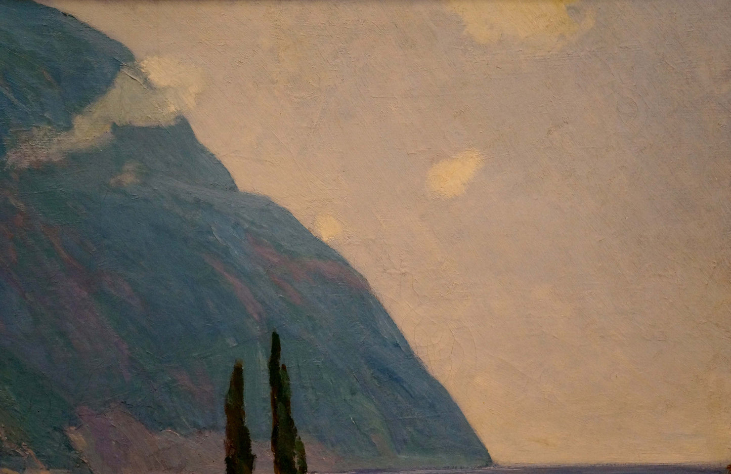 Serene impressionistic oil painting of coastal city near steep purple mountain