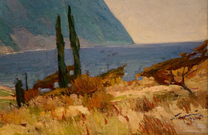 Serene impressionist oil painting of coastal city with cypress trees