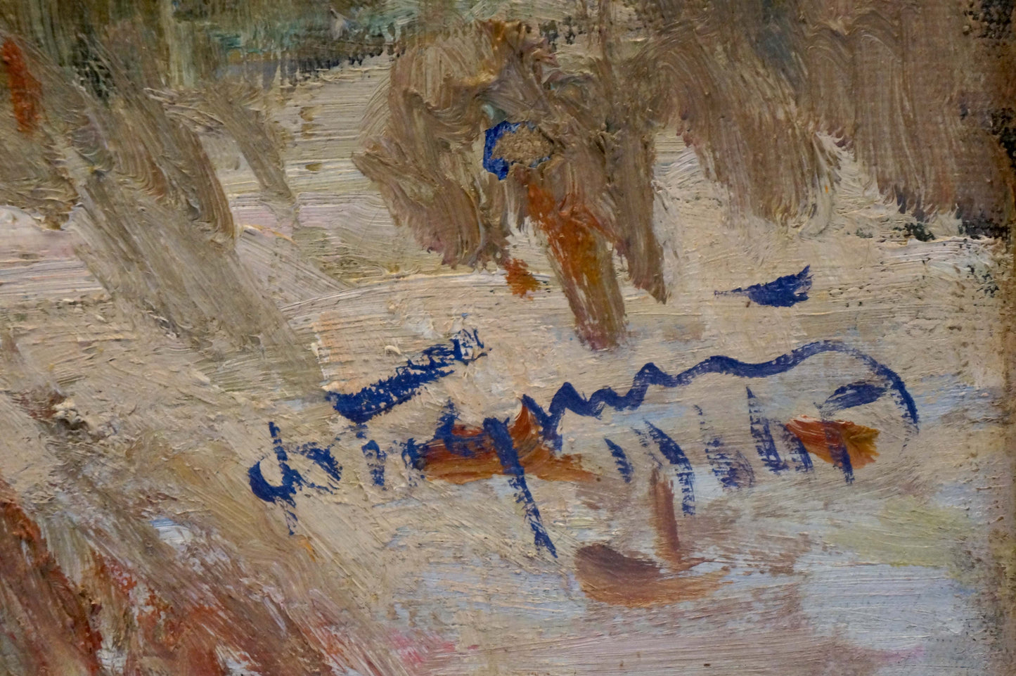 Blue signature on Oil painting City near the coast textured canvas