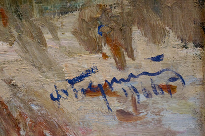 Blue signature on Oil painting City near the coast textured canvas