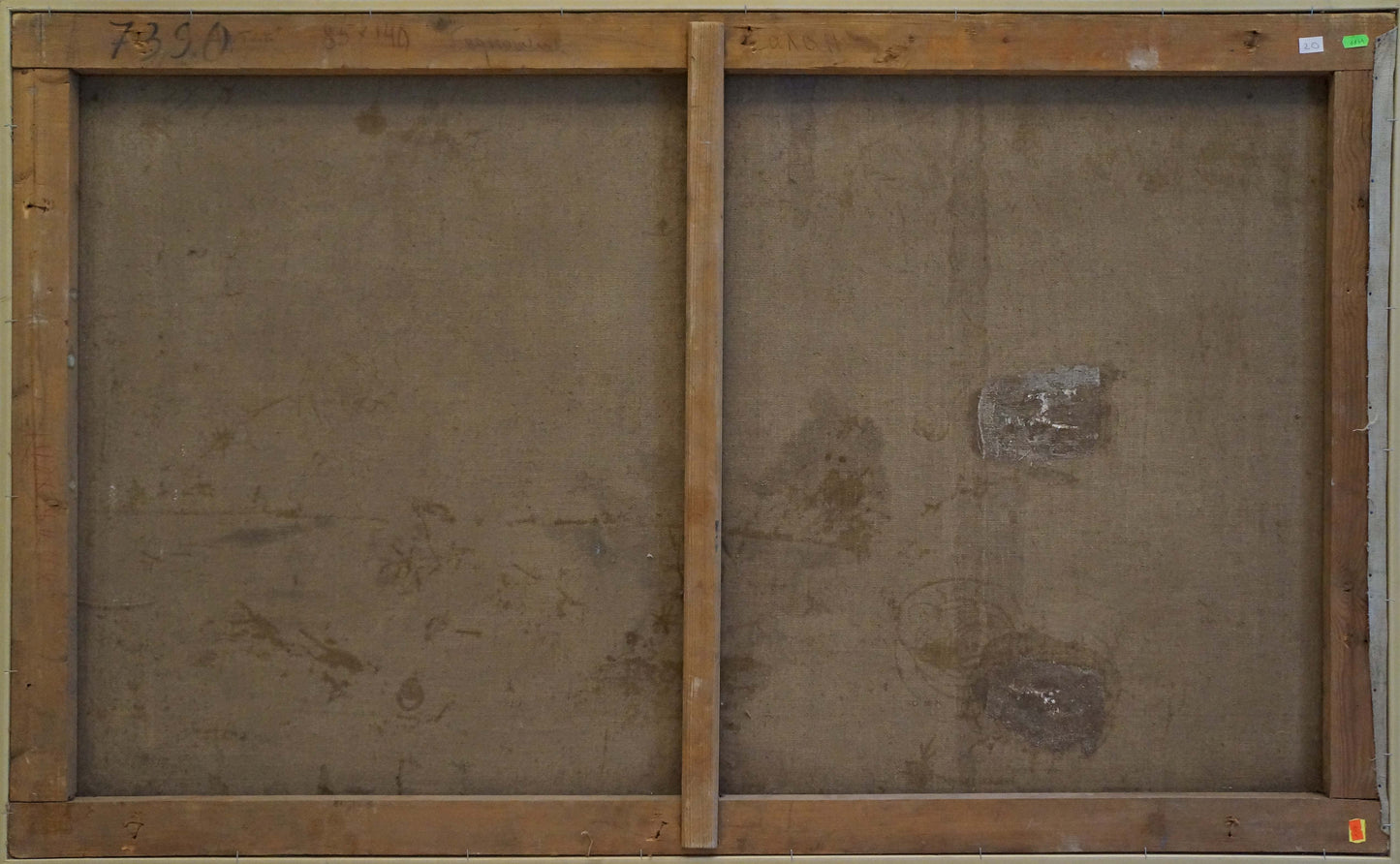 Back of aged two-panel wooden-framed oil painting City near the coast