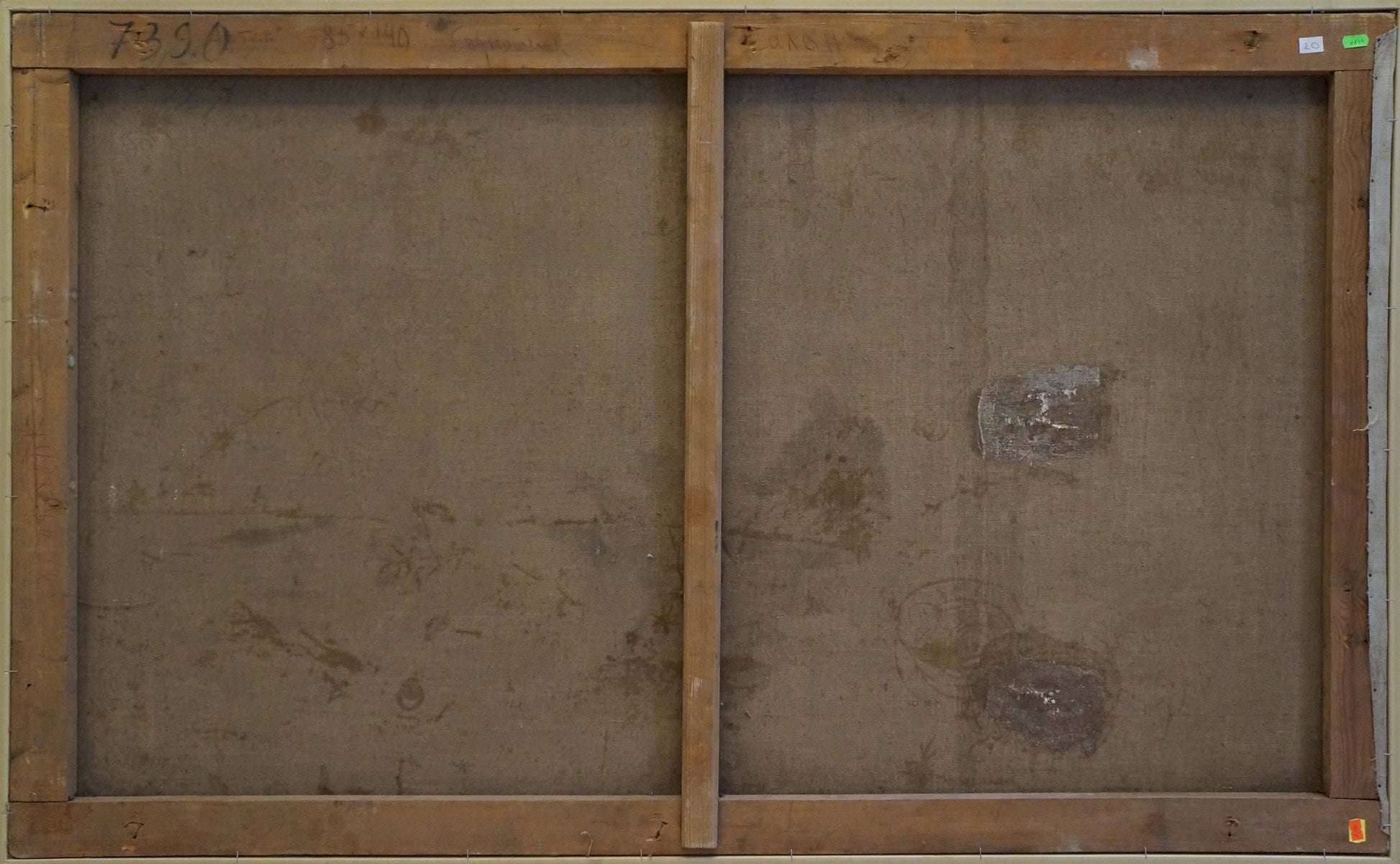 Back of aged two-panel wooden-framed oil painting City near the coast