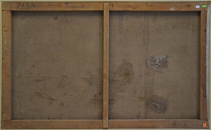Back of aged two-panel wooden-framed oil painting City near the coast