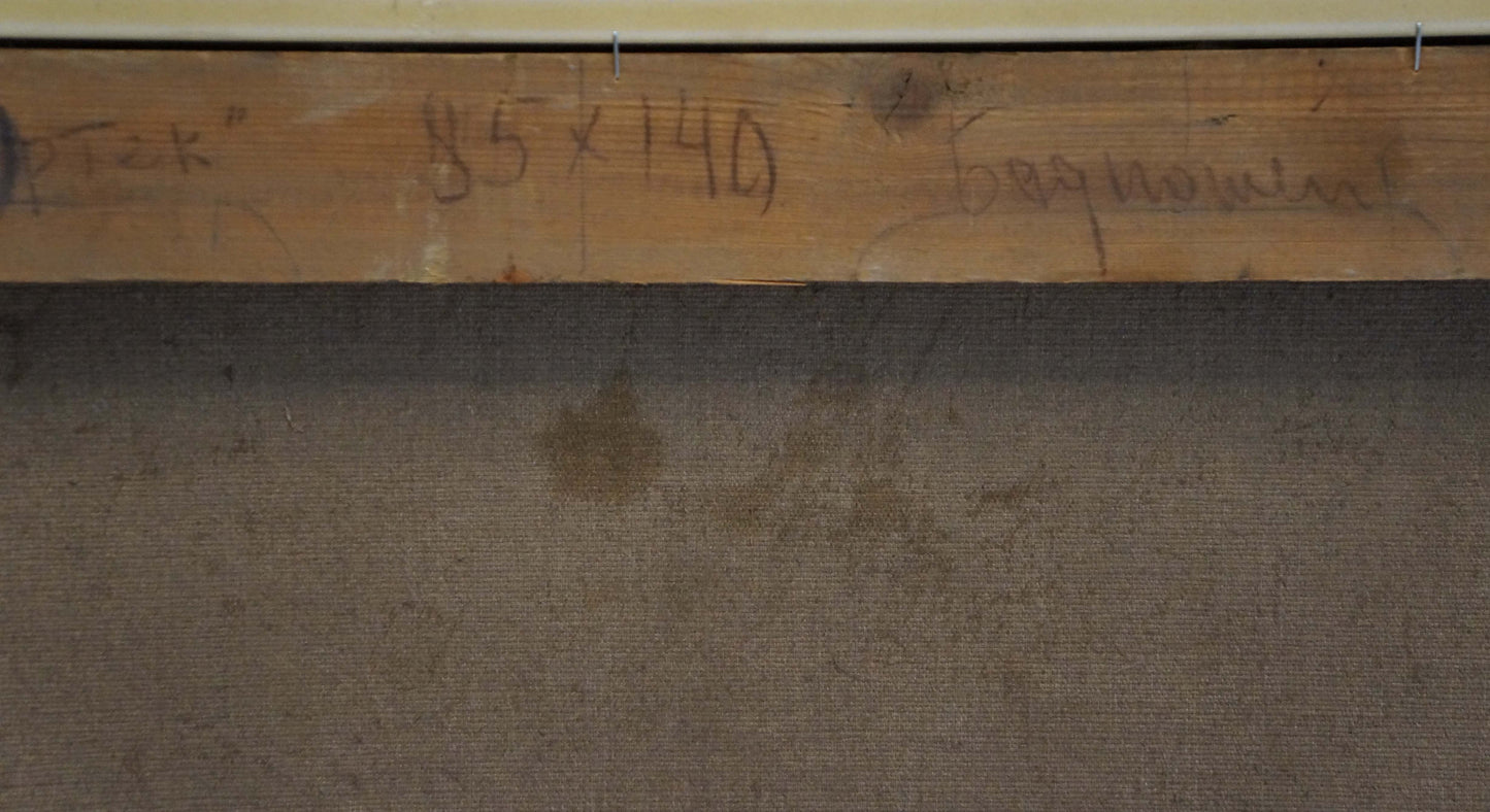 Back of wooden canvas frame for Oil painting City near the coast with handwritten measurements