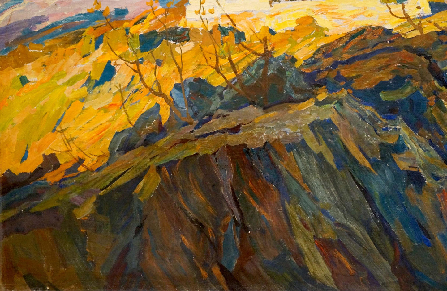 Vibrant impressionist oil painting by January Prokhorov K.A. of rocky autumn hillside