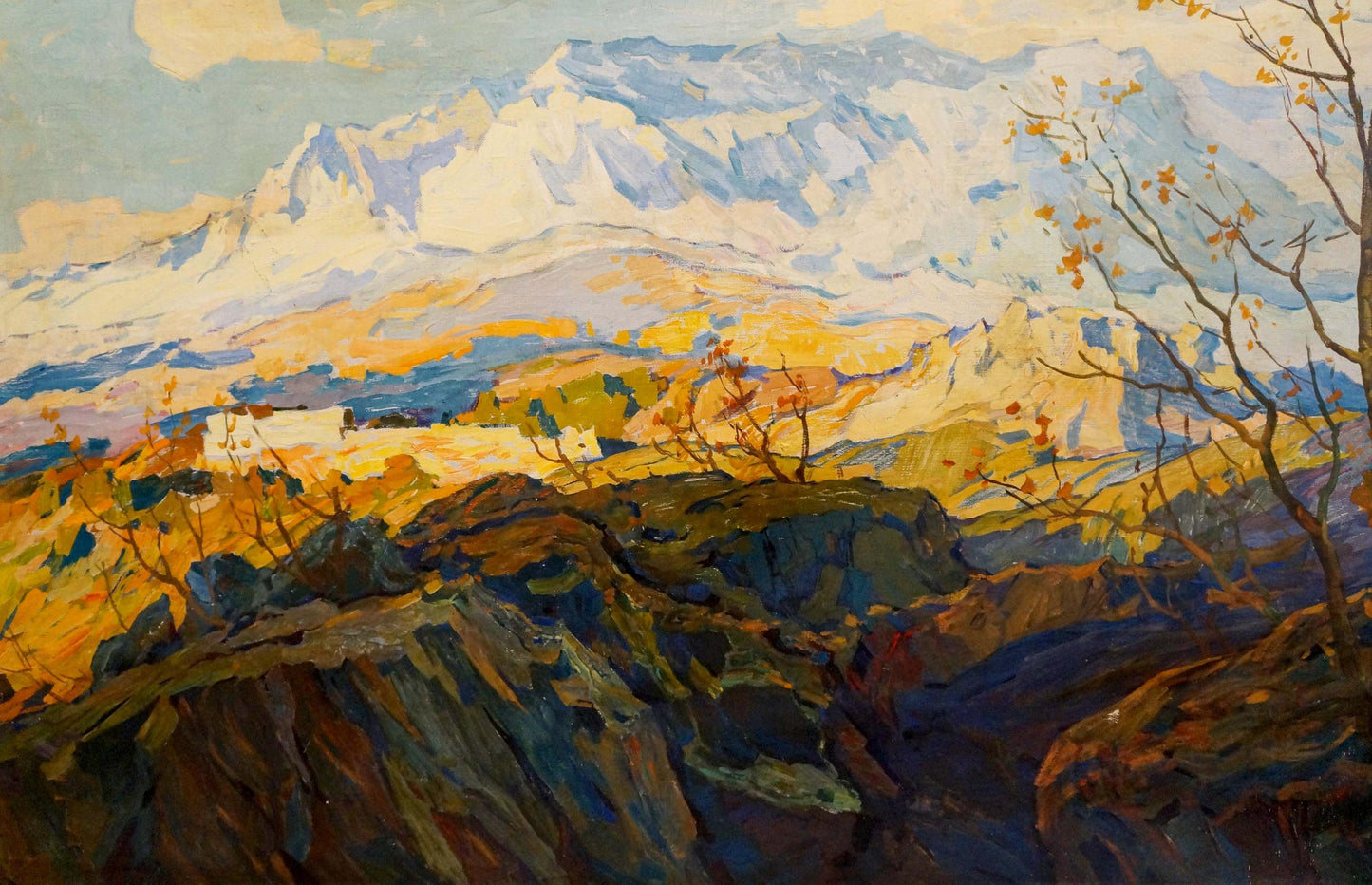 Vibrant impressionist oil painting of snow-capped mountains by January Prokhorov K. A