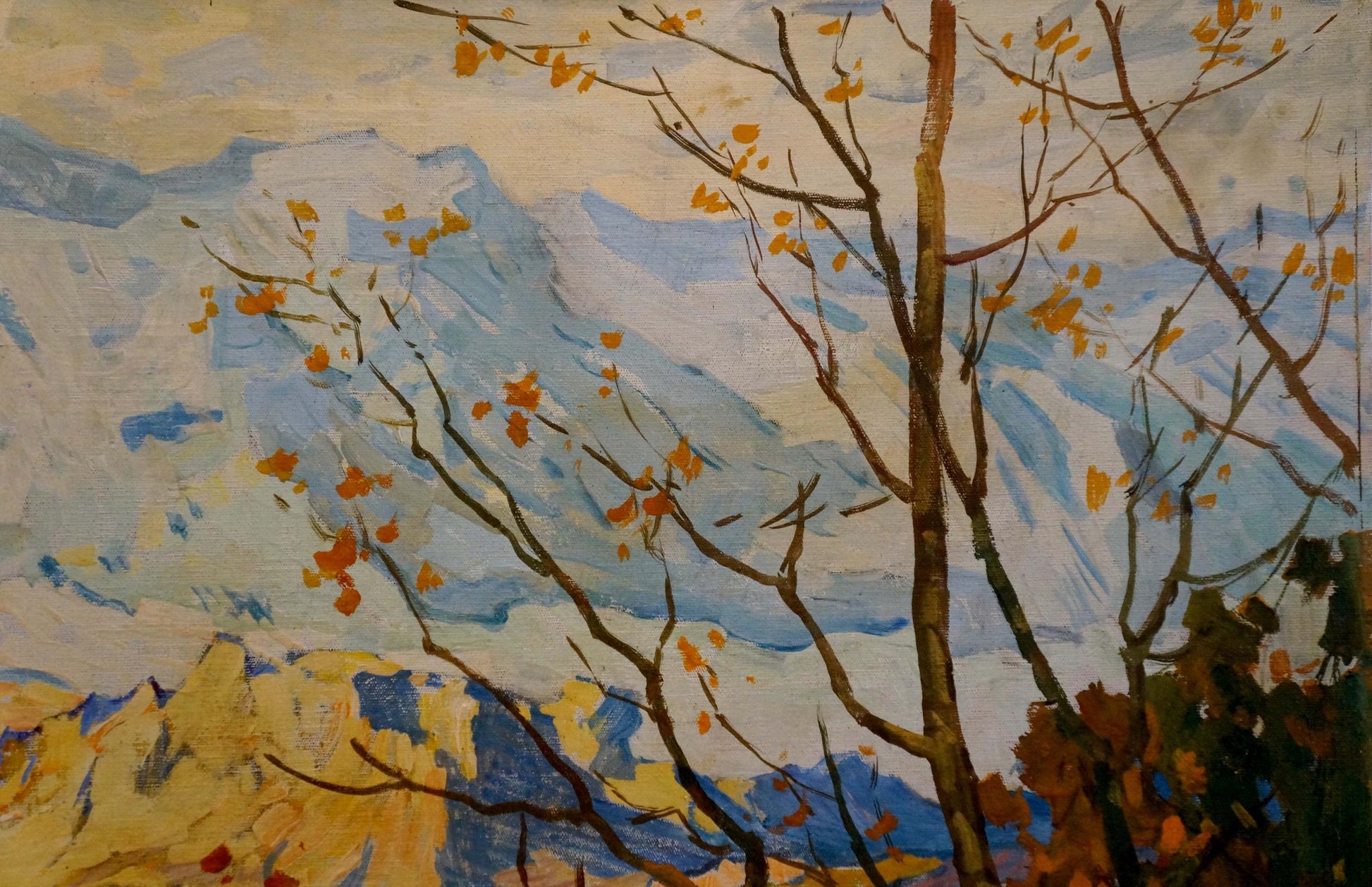 Oil painting January by Prokhorov K.A. with bare branches, orange leaves, snowy mountains
