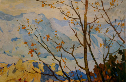 Oil painting January by Prokhorov K.A. with bare branches, orange leaves, snowy mountains