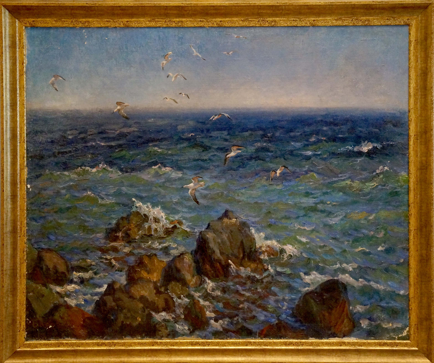 Framed oil painting by Basov Yakov Alexandrovich: seagulls over turbulent sea