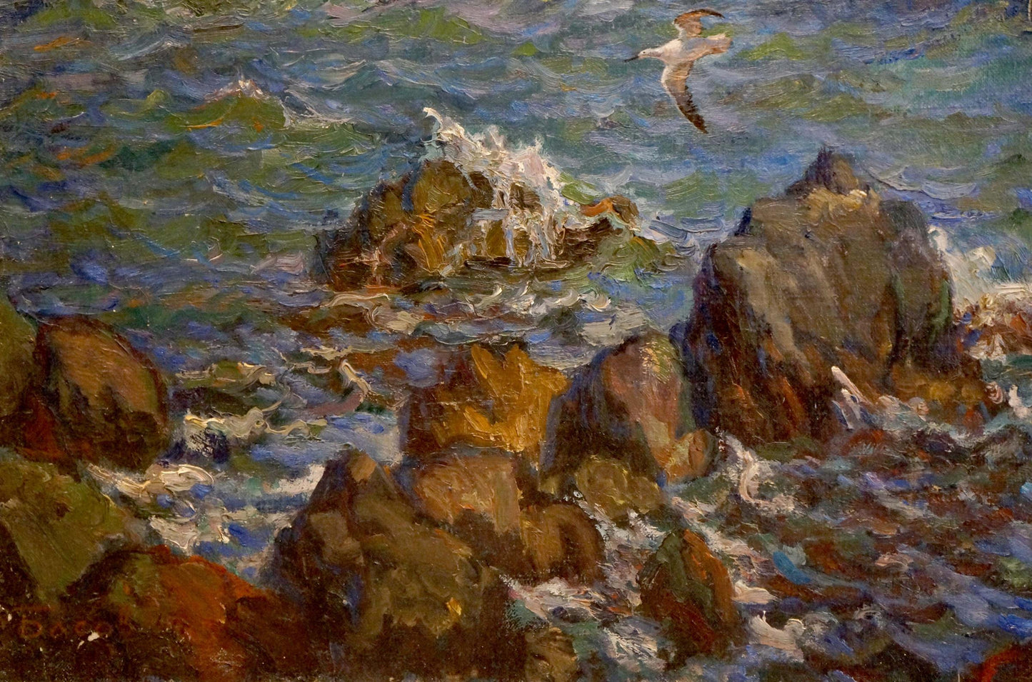 Oil painting by Basov Yakov Alexandrovich: seagull over turbulent sea waves on rocks