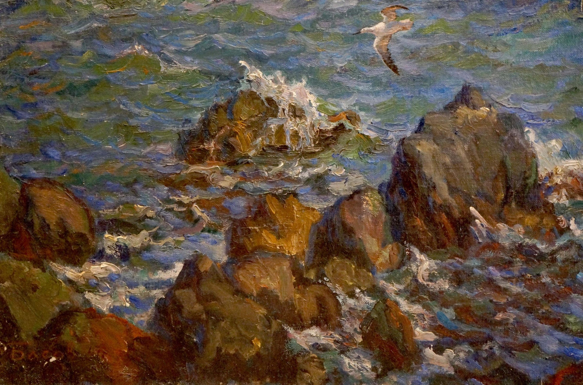 Oil painting by Basov Yakov Alexandrovich: seagull over turbulent sea waves on rocks