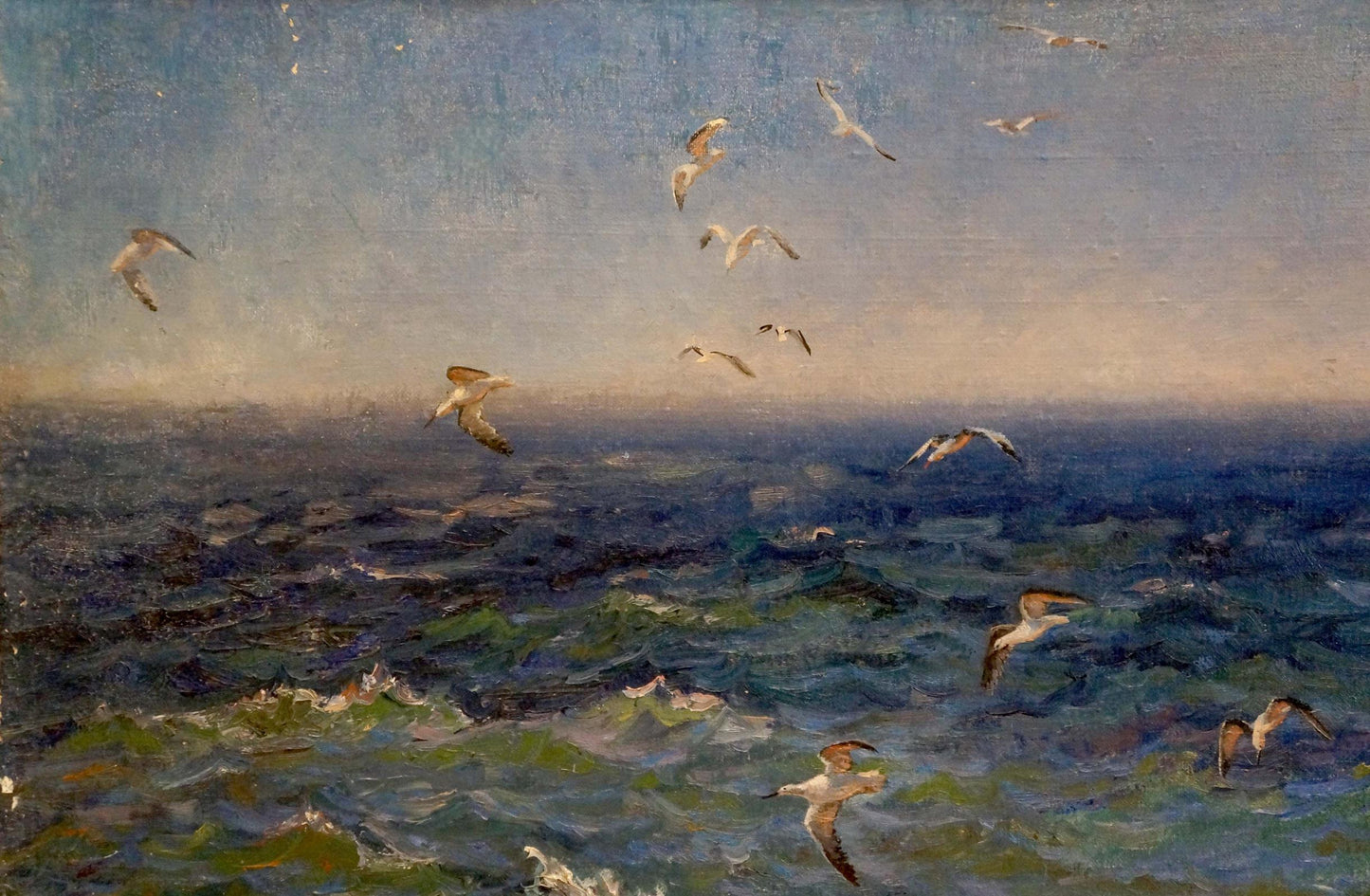 Oil painting of seagulls over turbulent sea by Basov Yakov Alexandrovich