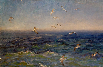 Oil painting of seagulls over turbulent sea by Basov Yakov Alexandrovich