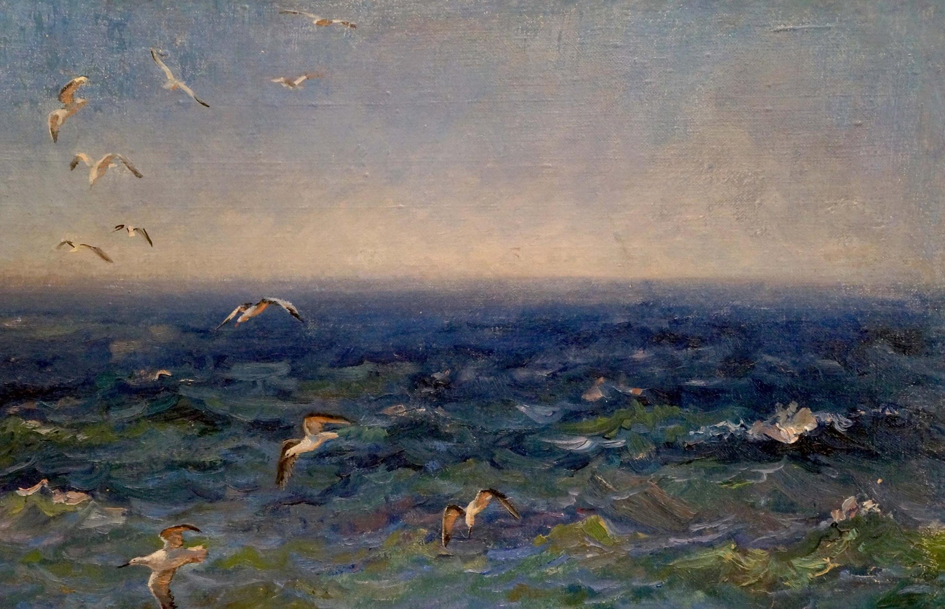 Oil painting of seagulls over turbulent sea by Basov Yakov Alexandrovich