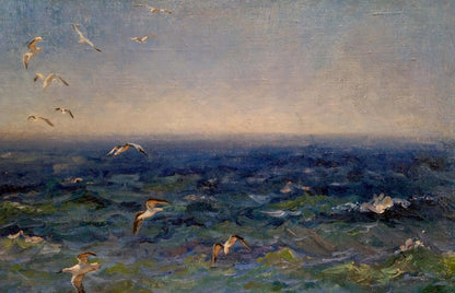 Oil painting of seagulls over turbulent sea by Basov Yakov Alexandrovich