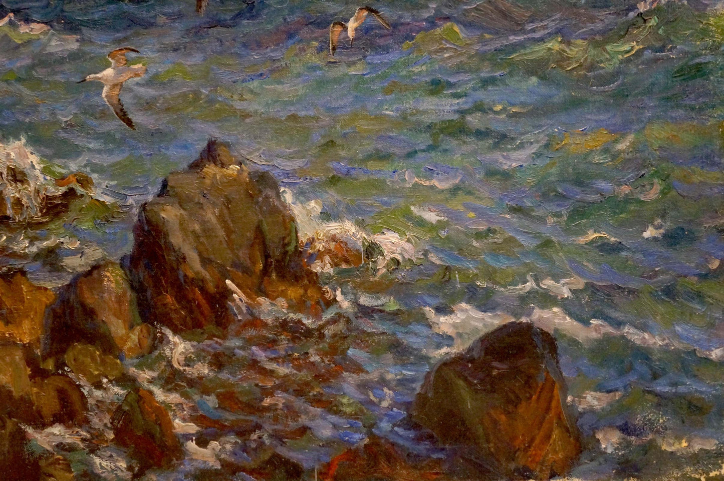 Oil painting of seagulls over turbulent sea with rough rocks by Basov Yakov Alexandrovich