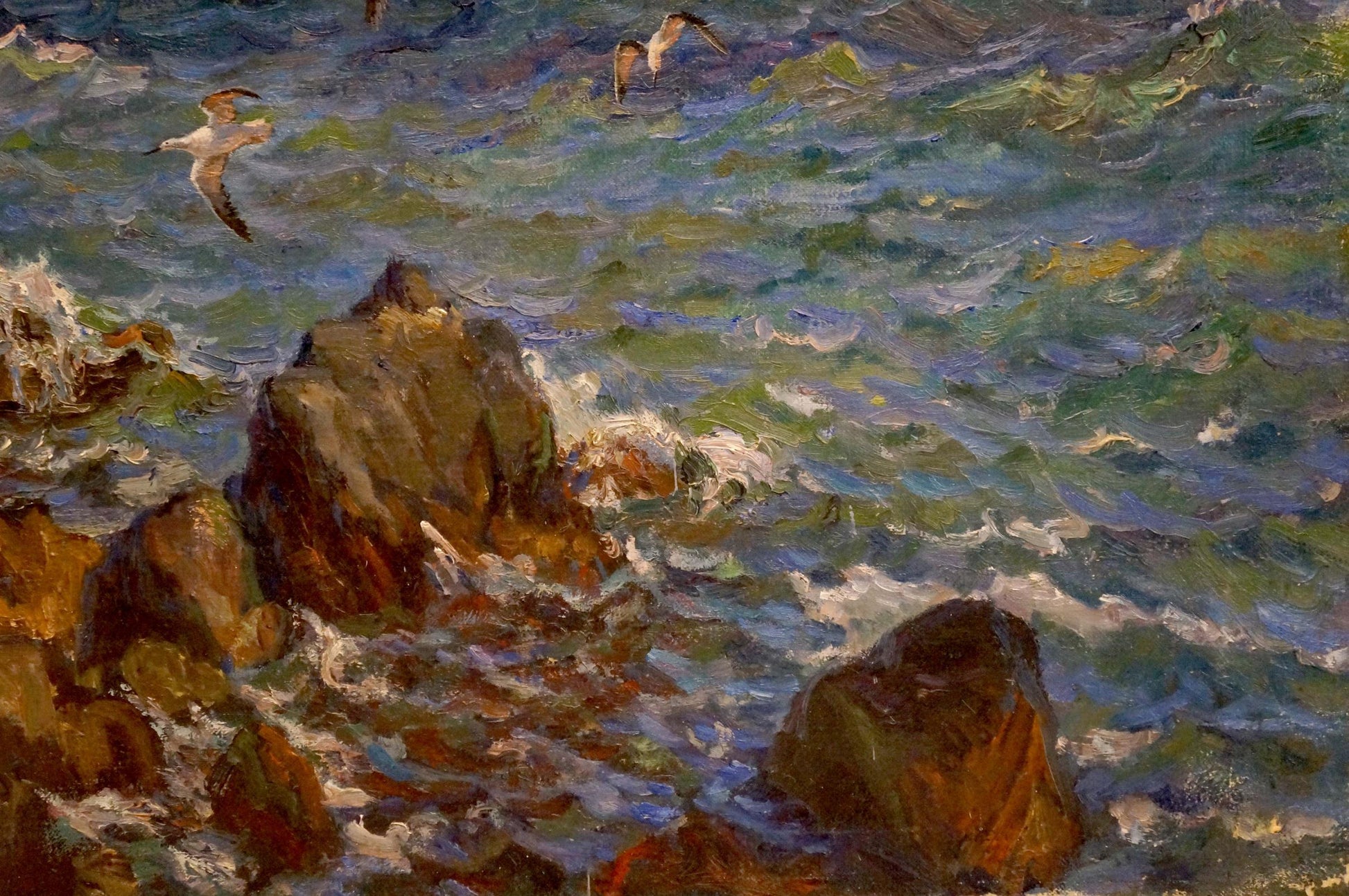Oil painting of seagulls over turbulent sea with rough rocks by Basov Yakov Alexandrovich