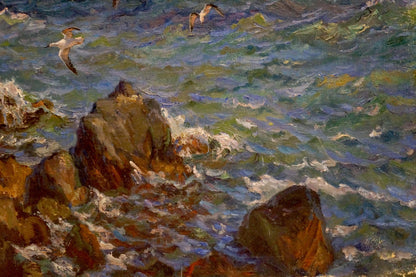 Oil painting of seagulls over turbulent sea with rough rocks by Basov Yakov Alexandrovich